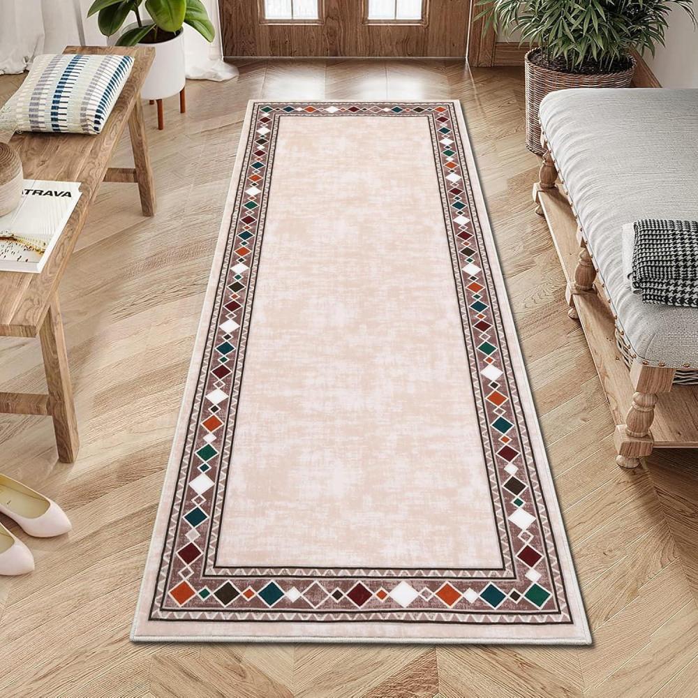 image:imageGarvee Large Bordered Area Rug 9x12 Machine Washable Living Room Rug StainResistant Neutral Floor Cover UltraSoft Low Pile Geometric Indoor Rugs for Bedroom Dining Room Playroom Farmhouse Dorm TealBeige