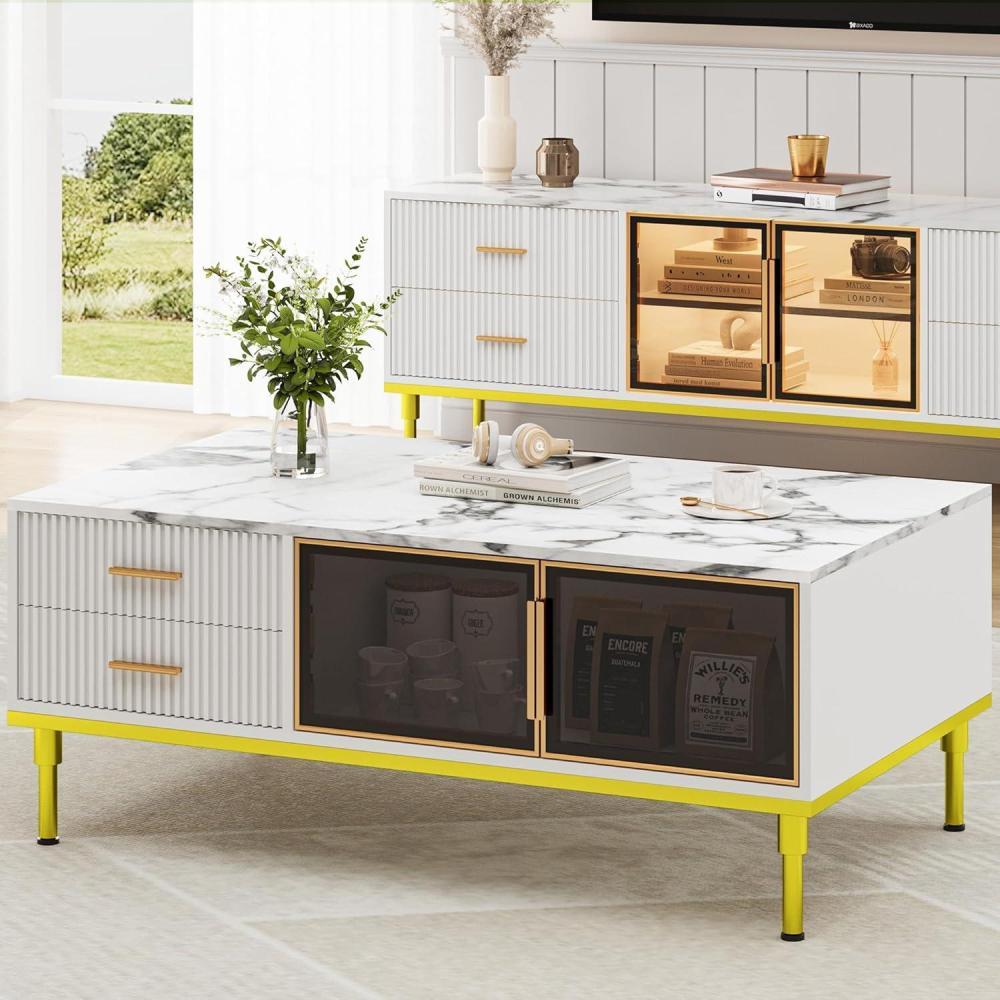 image:imageGarvee Large Coffee Table for Living Room Modern White Faux Marble Top with 4 Drawers amp Glass Doors Storage Fluted Panel Design White amp Gold Hidden Compartment and Storage Shelf for Reception RoomWhite