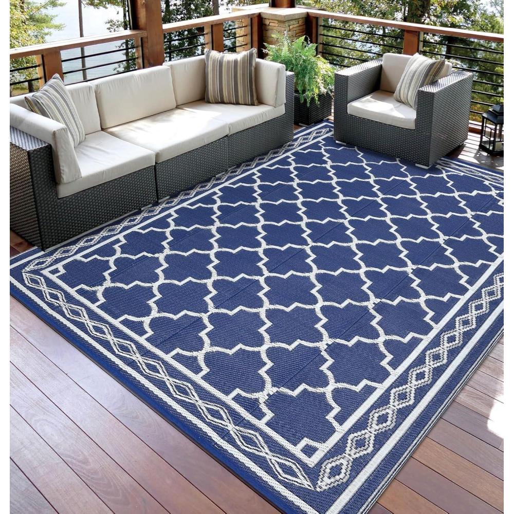 image:imageGarvee Large Outdoor Rugs 9x18 Waterproof Reversible Outdoor Plastic Straw Rugs Easy Cleaning Patio Camping Carpet AllWeather Outside Rugs for RV Patio Porch Deck Balcony GreyWhiteDark BlueWhite
