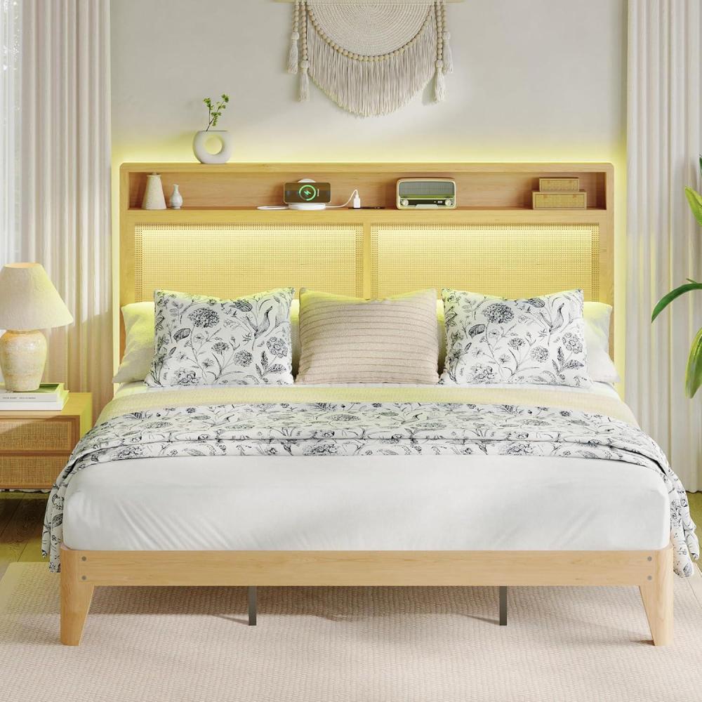 image:imageGarvee Rattan Bed Frame Queen with LED Lights amp Charging StationBohemian Queen Rattan Bed Frame with 2 Tier Storage HeadboardSolid Wood Foundation with Silent SlatsNo Box SpringKing