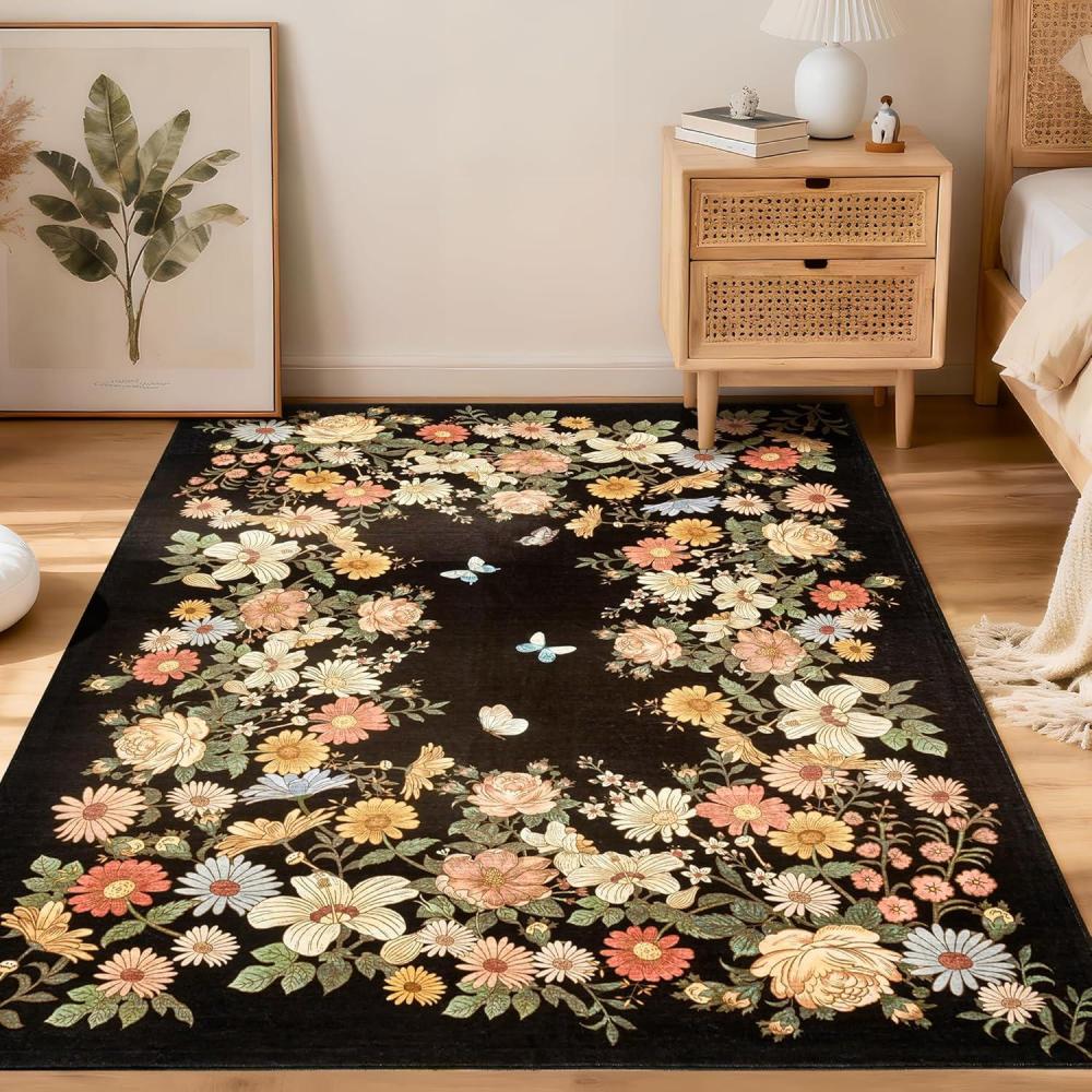 image:imageGarvee Rugs for Living Room 3x5 Washable Floral Area Rug Non Slip Soft Low Pile UltraThin Carpet for Entryway Kitchen Bedroom BlackBlack