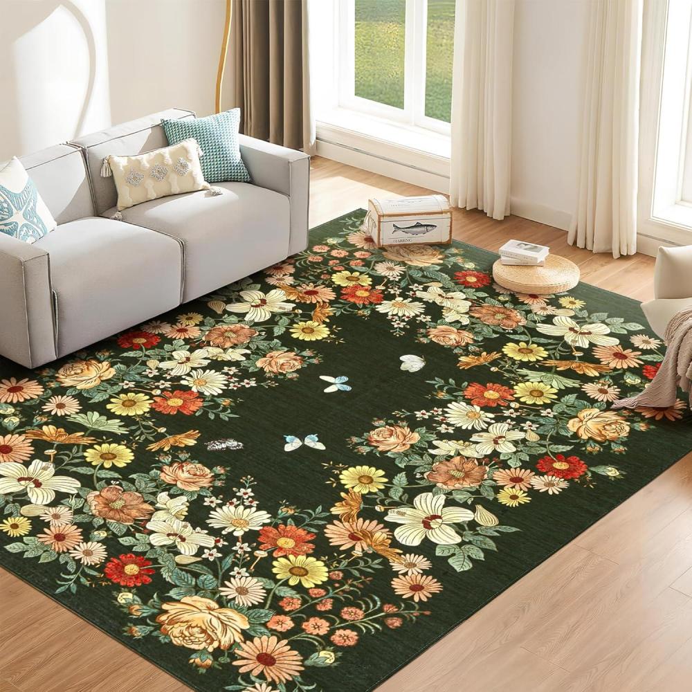image:imageGarvee Rugs for Living Room 3x5 Washable Floral Area Rug Non Slip Soft Low Pile UltraThin Carpet for Entryway Kitchen Bedroom BlackDark Green