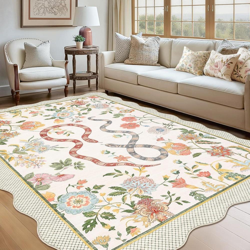 image:imageGarvee Scalloped 8x10 Rugs Washable Area Rugs for Living RoomModern Stain Resistant Solid Rug for Bedroom Scalloped Low Pile NonSlip Neutral Rug for Farmhouse Dining Room Home Office DormGreyBeigesnake