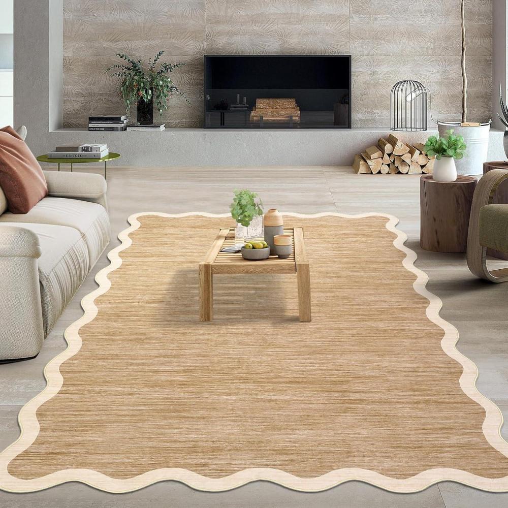 image:imageGarvee Scalloped Washable Rug 9x12 Area Rug for Bedroom Living Room Rug Modern Non Slip Large Area Rug Soft Throw Rugs Low Pile Stain Resistant Carpet for Dining Room Nursery Office Blue 9x12Scalloped02light Brown
