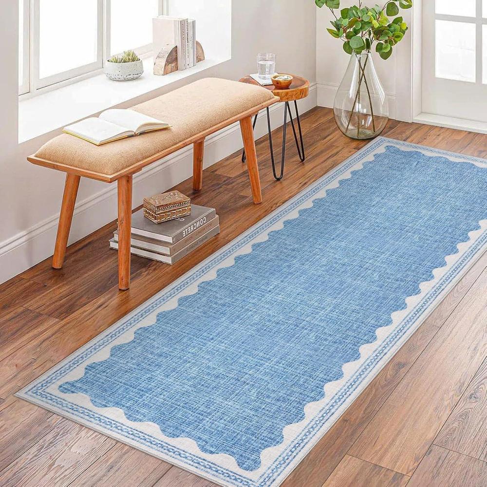 image:imageGarvee Scalloped Washable Rug 9x12 Rugs for Living Room Bedroom Non Slip Neutral Nursery Rug Modern Bordered Floral Mat Indoor Soft NonShedding Accent Carpet for Dining Room Kids Room Dorm CamelBorder Blue