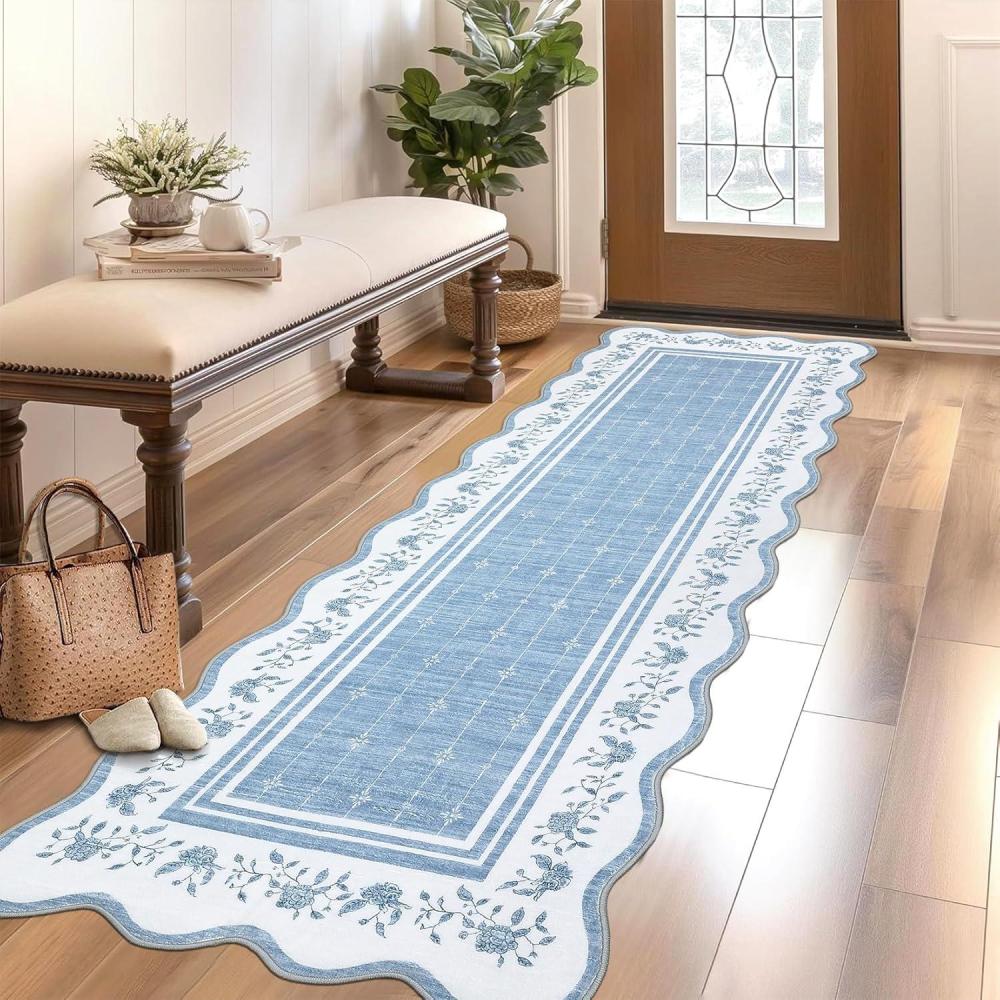 image:imageGarvee Scalloped Washable Rug 9x12 Rugs for Living Room Bedroom Non Slip Neutral Nursery Rug Modern Bordered Floral Mat Indoor Soft NonShedding Accent Carpet for Dining Room Kids Room Dorm CamelBlue