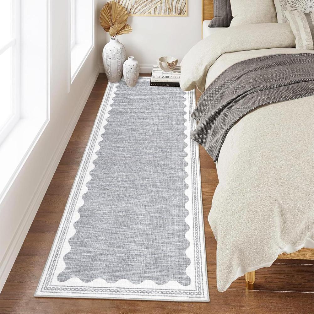 image:imageGarvee Scalloped Washable Rug 9x12 Rugs for Living Room Bedroom Non Slip Neutral Nursery Rug Modern Bordered Floral Mat Indoor Soft NonShedding Accent Carpet for Dining Room Kids Room Dorm CamelBorder Grey