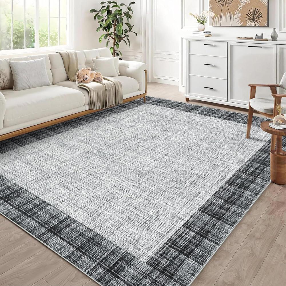 image:imageGarvee Solid Washable 9x12 Rugs for Living Room Border Plaid Rug NonSlip StainResistant Rugs Clearance Modern LowPile Carpet 9 x 12 Rug for Bedroom Dining Farmhouse Mat with Rubber BackTanGreyplaid