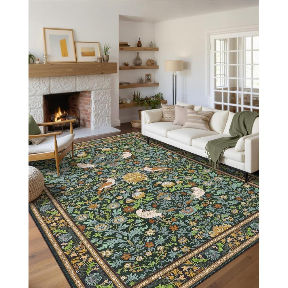 image:imageGarvee Washable Rug 8x10 Area Rugs for Living Room Vintage Non Slip Throw Rugs Distressed Large Rugs for Bedroom Low Pile Soft Non Shedding Stain Resistant Carpet for Dining Room 8x10 BlackBirdgreen