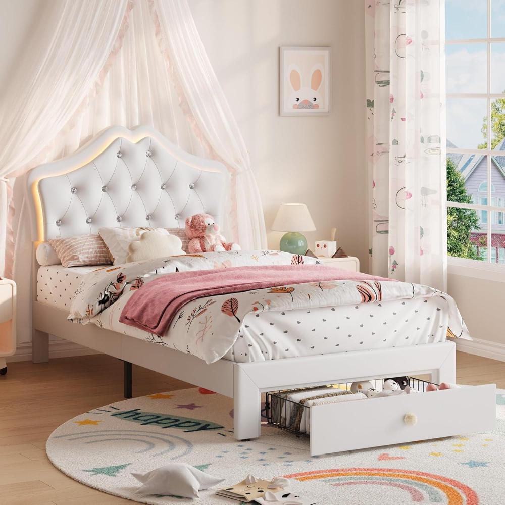 image:imageGarveeHome LED Twin Bed Frame for Kids with Beauty Crystal Button Headboard Upholstered PU Leather Platform Princess Bed with Storage Drawer NoiseFree Easy Assembly Easy Clean Pink  ledBeige