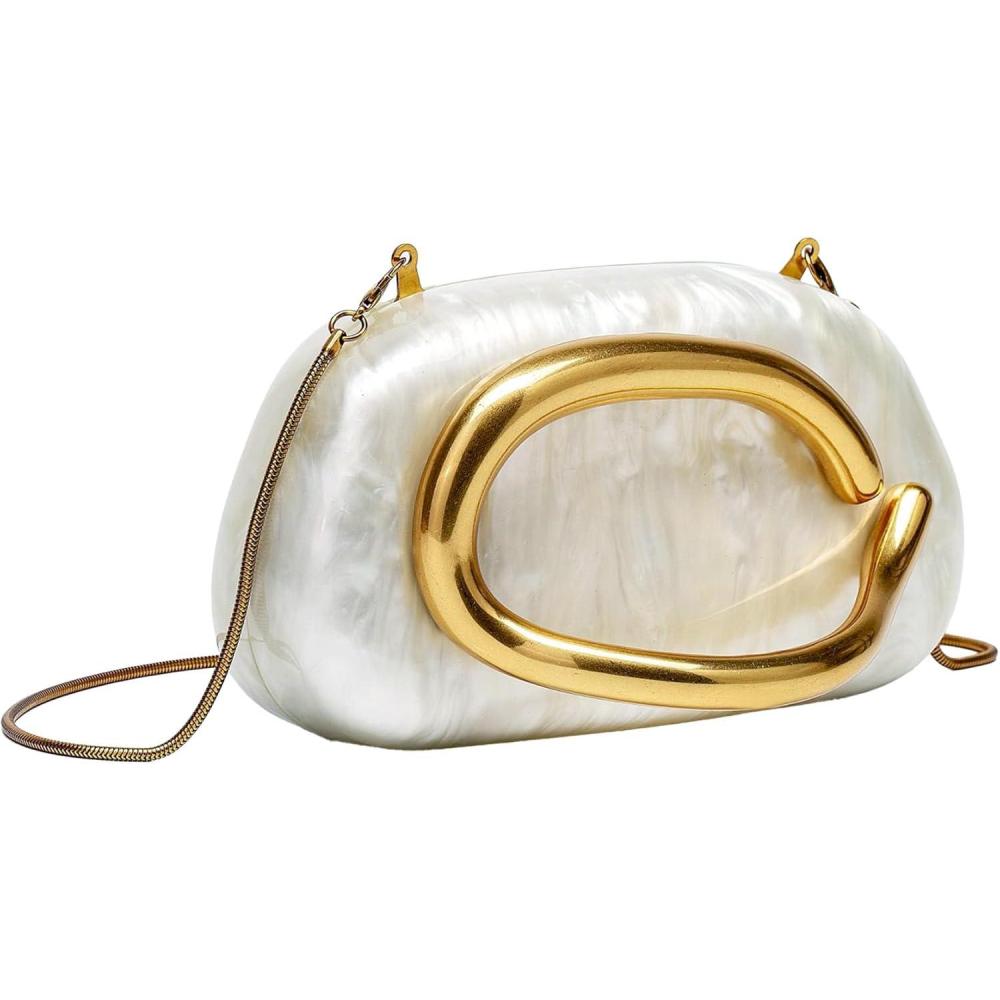 image:imageWomens Gold Purse with Removable Chain  Acrylic Evening Bag for Wedding Party Prom Cocktail Vintage Style BagOffwhite