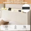 Full LED Bed Frame with 4 Storage Drawers and Storage Headboard, Soft Boucle Upholstered Platform Bed Frame with Charging Station and USB Ports, Solid Wood Slats Support, No Box Spring Needed, Cream(Cream)