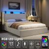 Full LED Bed Frame with 4 Storage Drawers and Storage Headboard, Soft Boucle Upholstered Platform Bed Frame with Charging Station and USB Ports, Solid Wood Slats Support, No Box Spring Needed, Cream(White)