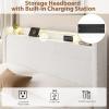 Full LED Bed Frame with 4 Storage Drawers and Storage Headboard, Soft Boucle Upholstered Platform Bed Frame with Charging Station and USB Ports, Solid Wood Slats Support, No Box Spring Needed, Cream(White)