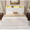 Full LED Bed Frame with 4 Storage Drawers and Storage Headboard, Soft Boucle Upholstered Platform Bed Frame with Charging Station and USB Ports, Solid Wood Slats Support, No Box Spring Needed, Cream(White)