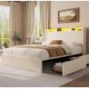 Full LED Bed Frame with 4 Storage Drawers and Storage Headboard, Soft Boucle Upholstered Platform Bed Frame with Charging Station and USB Ports, Solid Wood Slats Support, No Box Spring Needed, Cream(Cream)