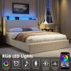 Full LED Bed Frame with 4 Storage Drawers and Storage Headboard, Soft Boucle Upholstered Platform Bed Frame with Charging Station and USB Ports, Solid Wood Slats Support, No Box Spring Needed, Cream(Cream)
