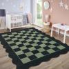 Garvee 10×13 Large Scalloped Area Rug for Living Room Neutral Dining Room Rug Minimalist Checkered Office Carpet Low Pile Washable Bedroom Rugs Black and Green Rug