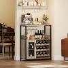 Garvee 3-Tier Wine Bar Cabinet with Lights, Liquor Cabinet with Wine Rack & Glass Holder, Coffee Bar with Storage & Door, Sideboard Buffet Bar for Living Room, Dining Room, Kitchen, Brown(Grey & Led Light)