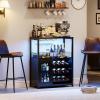 Garvee 3-Tier Wine Bar Cabinet with Lights, Liquor Cabinet with Wine Rack & Glass Holder, Coffee Bar with Storage & Door, Sideboard Buffet Bar for Living Room, Dining Room, Kitchen, Brown(Black & Led Light)
