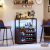 Garvee 3-Tier Wine Bar Cabinet with Lights, Liquor Cabinet with Wine Rack & Glass Holder, Coffee Bar with Storage & Door, Sideboard Buffet Bar for Living Room, Dining Room, Kitchen, Brown(Brown & Led Light)