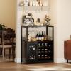 Garvee 3-Tier Wine Bar Cabinet with Lights, Liquor Cabinet with Wine Rack & Glass Holder, Coffee Bar with Storage & Door, Sideboard Buffet Bar for Living Room, Dining Room, Kitchen, Brown(Black & Led Light)