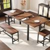 Garvee 5 PCs Extendable Dining Table Set for 4-8 People, 63 in Kitchen Table with 2 Benches & 2 Stools, Modern Dining Room Furniture, Easy Assembly Metal Frame(Brown)