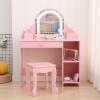 Garvee Kids Vanity with Lighted Mirror & Stool, Little Girls Vanity with Adjustable LED Light, Storage Drawer & Shelves for Girls 3-9, Pink(Pink)