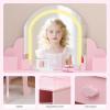 Garvee Kids Vanity with Lighted Mirror & Stool, Little Girls Vanity with Adjustable LED Light, Storage Drawer & Shelves for Girls 3-9, Pink(Pink)