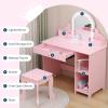 Garvee Kids Vanity with Lighted Mirror & Stool, Little Girls Vanity with Adjustable LED Light, Storage Drawer & Shelves for Girls 3-9, Pink(Pink)