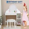 Garvee Kids Vanity with Lighted Mirror & Stool, Little Girls Vanity with Adjustable LED Light, Storage Drawer & Shelves for Girls 3-9, Pink(Pure White)