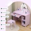Garvee Kids Vanity with Lighted Mirror & Stool, Little Girls Vanity with Adjustable LED Light, Storage Drawer & Shelves for Girls 3-9, Pink(Purple)