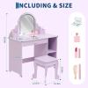 Garvee Kids Vanity with Lighted Mirror & Stool, Little Girls Vanity with Adjustable LED Light, Storage Drawer & Shelves for Girls 3-9, Pink(Purple With Playset)