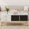 Garvee Large Coffee Table for Living Room Modern White, Faux Marble Top with 4 Drawers & Glass Doors Storage, Fluted Panel Design, White & Gold, Hidden Compartment and Storage Shelf for Reception Room(White)