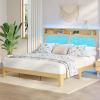 Garvee Rattan Bed Frame Queen with LED Lights & Charging Station,Bohemian Queen Rattan Bed Frame with 2 Tier Storage Headboard,Solid Wood Foundation with Silent Slats,No Box Spring(King)