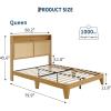 Garvee Rattan Bed Frame Queen with LED Lights & Charging Station,Bohemian Queen Rattan Bed Frame with 2 Tier Storage Headboard,Solid Wood Foundation with Silent Slats,No Box Spring(Queen)