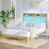 Garvee Rattan Bed Frame Queen with LED Lights & Charging Station,Bohemian Queen Rattan Bed Frame with 2 Tier Storage Headboard,Solid Wood Foundation with Silent Slats,No Box Spring(Queen)