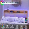 Garvee Rattan Bed Frame Queen with LED Lights & Charging Station,Bohemian Queen Rattan Bed Frame with 2 Tier Storage Headboard,Solid Wood Foundation with Silent Slats,No Box Spring(King)