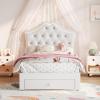GarveeHome LED Twin Bed Frame for Kids with Beauty Crystal Button Headboard, Upholstered PU Leather Platform Princess Bed with Storage Drawer, Noise-Free, Easy Assembly, Easy Clean, Pink | led(Beige)