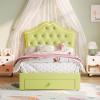 GarveeHome LED Twin Bed Frame for Kids with Beauty Crystal Button Headboard, Upholstered PU Leather Platform Princess Bed with Storage Drawer, Noise-Free, Easy Assembly, Easy Clean, Pink | led(Avocado Green)