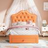 GarveeHome LED Twin Bed Frame for Kids with Beauty Crystal Button Headboard, Upholstered PU Leather Platform Princess Bed with Storage Drawer, Noise-Free, Easy Assembly, Easy Clean, Pink | led(Orange)