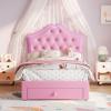 GarveeHome LED Twin Bed Frame for Kids with Beauty Crystal Button Headboard, Upholstered PU Leather Platform Princess Bed with Storage Drawer, Noise-Free, Easy Assembly, Easy Clean, Pink | led(Pink)