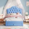 GarveeHome LED Twin Bed Frame for Kids with Beauty Crystal Button Headboard, Upholstered PU Leather Platform Princess Bed with Storage Drawer, Noise-Free, Easy Assembly, Easy Clean, Pink | led(Blue)