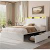 Full LED Bed Frame with 4 Storage Drawers and Storage Headboard, Soft Boucle Upholstered Platform Bed Frame with Charging Station and USB Ports, Solid Wood Slats Support, No Box Spring Needed, Cream(White)