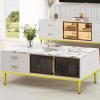 Garvee Large Coffee Table for Living Room Modern White, Faux Marble Top with 4 Drawers & Glass Doors Storage, Fluted Panel Design, White & Gold, Hidden Compartment and Storage Shelf for Reception Room(White)