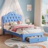 GarveeHome LED Twin Bed Frame for Kids with Beauty Crystal Button Headboard, Upholstered PU Leather Platform Princess Bed with Storage Drawer, Noise-Free, Easy Assembly, Easy Clean, Pink | led(Blue)
