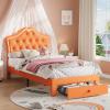 GarveeHome LED Twin Bed Frame for Kids with Beauty Crystal Button Headboard, Upholstered PU Leather Platform Princess Bed with Storage Drawer, Noise-Free, Easy Assembly, Easy Clean, Pink | led(Orange)