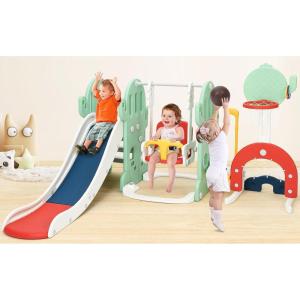 7 in 1 Toddler Slide and Swing Set, 76.4 in Extra Long Kids Slide Climber for Toddlers Age 1-3, Indoor Outdoor Playset with Adjustable Swing and Basketball Hoop, Soccer Golf & Ring Toss Game, Green(Green)