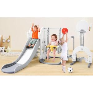 7 in 1 Toddler Slide and Swing Set, 76.4 in Extra Long Kids Slide Climber for Toddlers Age 1-3, Indoor Outdoor Playset with Adjustable Swing and Basketball Hoop, Soccer Golf & Ring Toss Game, Green(Gray)