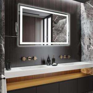 Bathroom Mirror With Lights 60×30 In, Wall Mount Bathroom Vanity Mirror With Front and Backlight, High Magnification, Stepless Dimmable With Anti-Fog, Shatter-Proof, Memory, 3 Colors, for Makeup, Show(27.6″L x 19.7″W)